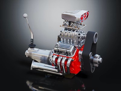 High Performance Automotive Engine With Red Mechanical Components And Silver Cylinder Parts 3d model