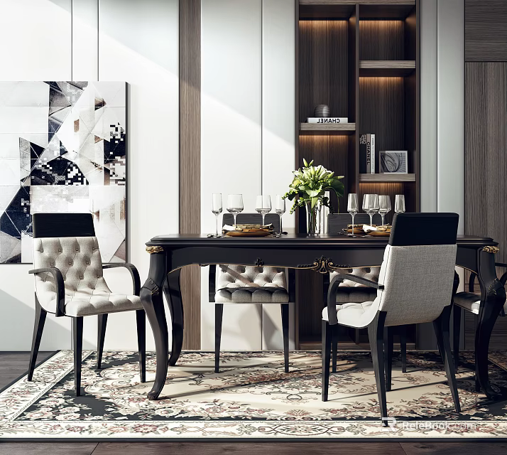 Elegant Modern Dining Table Set With Upholstered Chairs Greenery Centerpiece And Decorative Elements 3d model