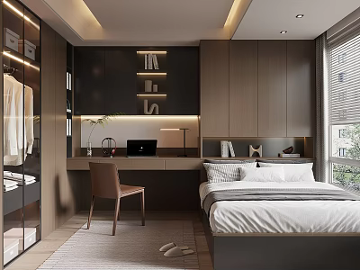 Modern Tatami Bedroom Interior With Desk Chair Bookshelf Storage Cabinets And Natural Light 3d model
