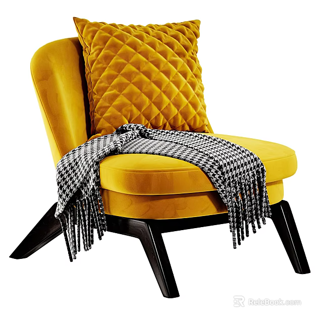 Yellow Single Sofa With Quilted Diamond Pattern Cushion Black White Houndstooth Throw And Dark Legs 3d model