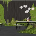 Garden Decor Scene with Moss Covered Elements Wooden Wall Hanging Lights and Table Chairs