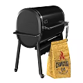 Black Outdoor Grill With Digital Display Grilled Food Yellow Bag And Tools