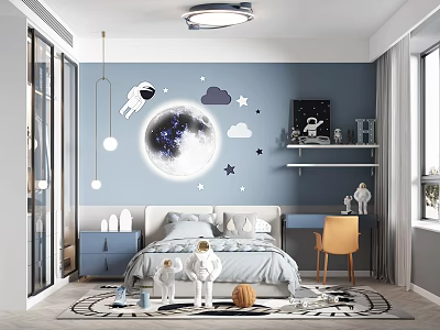 Kids Room With Blue Walls Moon Stars Astronaut Decals White Bed Yellow Chair And Desk 3d model