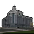 Elegant Classical European Style Office Building With White Exterior Domed Roof And Front Lawn