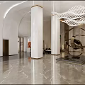 Modern Front Desk Reception Lobby With Chandelier Sculpture Columns And Floor-to-Ceiling Windows