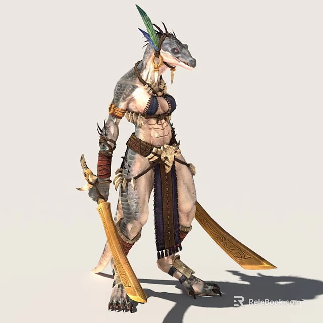 Lizard Like Warrior Character With Ornate Armor Dual Golden Swords And Egyptian Headdress 3d model 