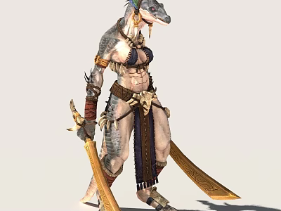 Lizard Like Warrior Character With Ornate Armor Dual Golden Swords And Egyptian Headdress 3d model
