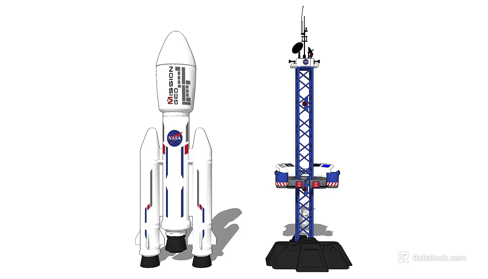 NASA Rocket With White Body And Blue Stripes Next To Blue Launch Tower Structure 3d model 