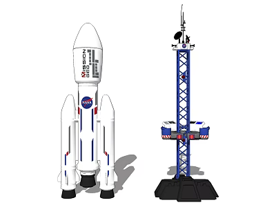 NASA Rocket With White Body And Blue Stripes Next To Blue Launch Tower Structure 3d model