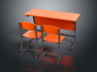 Orange Desk And Two Chairs Furniture Set With Gray Metal Legs 3d model