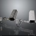 Rusted And White Security Cameras With Mounts And Cables On Dark Background 3d model