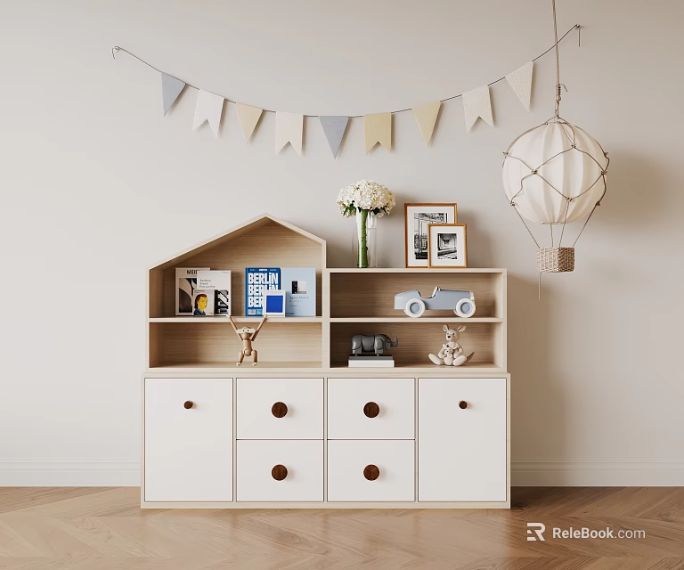 Cute House Shaped Decorative Cabinet With Toy Car Photo Frame And Flower Vase 3d model 