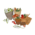 Woven and Linen Storage Baskets Filled with Fresh Vegetables Like Corn Tomatoes Carrots