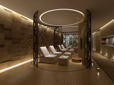 Modern Beauty Hair Salon Interior With Comfortable White Recliners Wooden Flooring Stone Walls Circular Lights 3d model