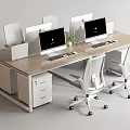 Wooden Office Desk With Two Computers White Office Chairs And Small Plant