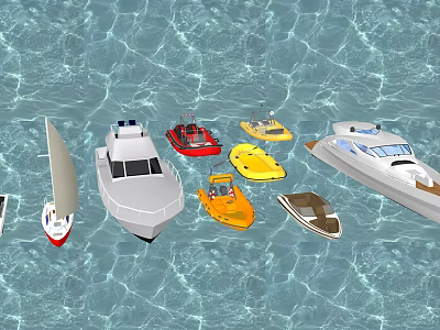 Yacht and Various Small Boats Floating on Clear Blue Water Surface 3d model