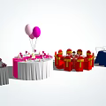 Dining Table Combination Featuring White Pink Tablecloths Red Chairs And Balloon Decorations 3d model