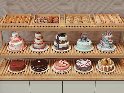 Assorted Delicious Cakes And Pastries On Multi Tiered Bamboo Display Shelf 3d model