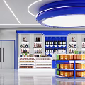 Bright Modern Supermarket Interior With Blue Decor Round Shelves And Various Products