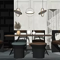Modern Dining Table Set With Chairs Stools And Pendant Lights In Stylish Interior 3d model