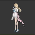 Game and Movie Character With Long Blonde Hair Blue Pink Outfit Flowing Skirt Standing Pose
