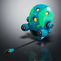 Futuristic Spherical Weapon With Blue Green Shell Yellow Glowing Parts And Mechanical Arms