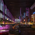 Funkytown Restaurant Interior With Purple Decor Hanging Signs Green Plants And Red Green Chairs