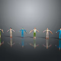 Six Humanoid Dolls In Different Colored Clothes On Black Reflective Surface With Gray Gradient Background 3d model