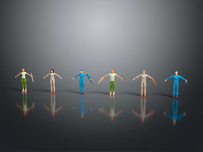 Six Humanoid Dolls In Different Colored Clothes On Black Reflective Surface With Gray Gradient Background 3d model