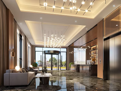 Hotel Public Lounge Area With Comfortable Sofa Coffee Table Chandelier Large Windows And Reception Desk 3d model