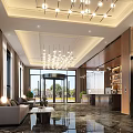 Hotel Public Lounge Area With Comfortable Sofa Coffee Table Chandelier Large Windows And Reception Desk