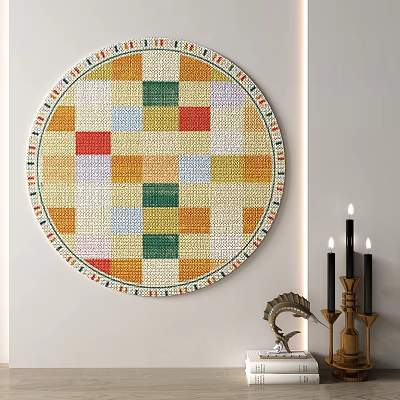 Round Rug with Colorful Square Pattern and Decorative Border for Modern Living Room Decor 3d model