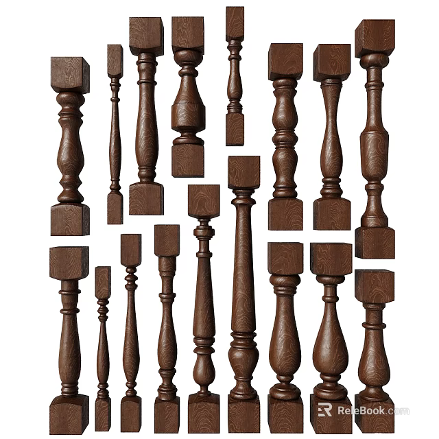 Wooden Railing Balusters Showcasing Various Decorative Designs And Traditional Styles 3d model 