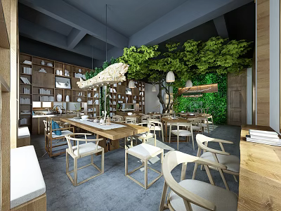 Modern Teahouse Interior Design With Wooden Furniture Green Plant Wall And Bookshelves 3d model