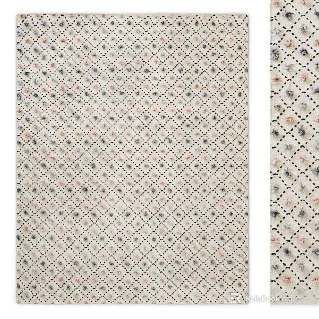 Square Rug Featuring Geometric Diamond Pattern on Ivory Base with Black Pink Details 3d model 