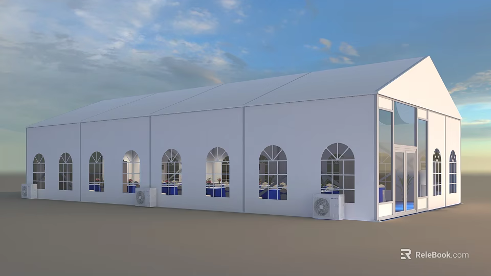 White Outdoor Event Canopy with Arched Windows and Glass Doors Design 3d model 