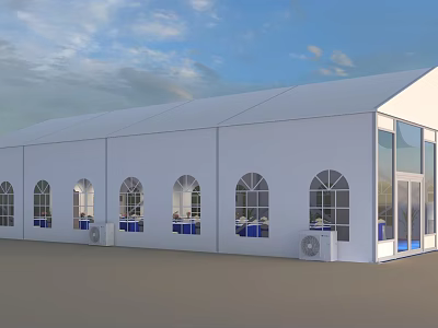 White Outdoor Event Canopy with Arched Windows and Glass Doors Design 3d model