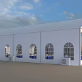 White Outdoor Event Canopy with Arched Windows and Glass Doors Design