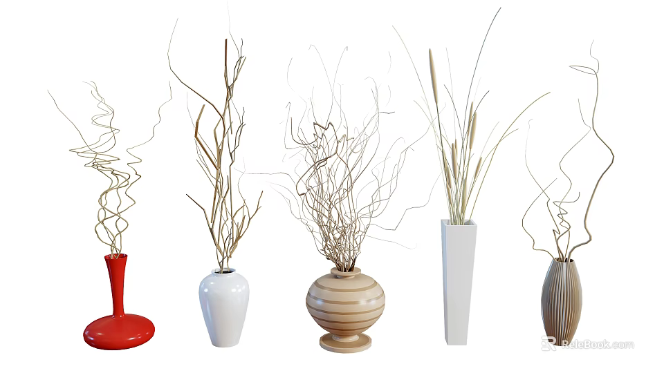 Colorful Vases In Different Shapes With Decorative Branches For Modern Decor 3d model 