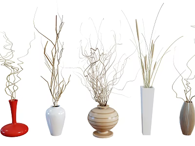 Colorful Vases In Different Shapes With Decorative Branches For Modern Decor 3d model