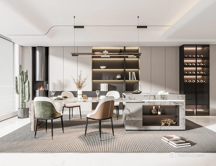 Modern Restaurant Interior With Marble Island Dining Chairs Cabinets And Wine Rack 3d model 