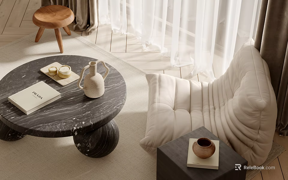 Cozy Lazy Sofa In Modern Living Room With Marble Table White Curtains And Wooden Stool 3d model 