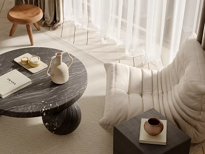 Cozy Lazy Sofa In Modern Living Room With Marble Table White Curtains And Wooden Stool 3d model
