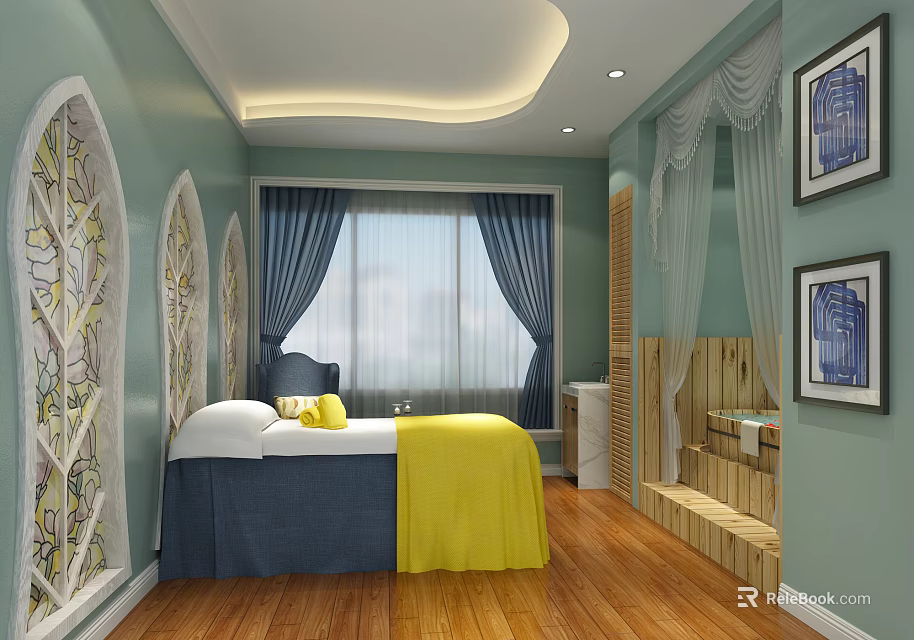 Cozy Beauty Salon Interior With Stained Glass Decor And Wooden Flooring 3d model 