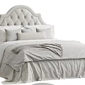 Elegant Double Bed With Tufted Headboard And Neutral Bedding Pillows Blanket 3d model