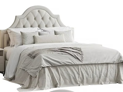 Elegant Double Bed With Tufted Headboard And Neutral Bedding Pillows Blanket 3d model