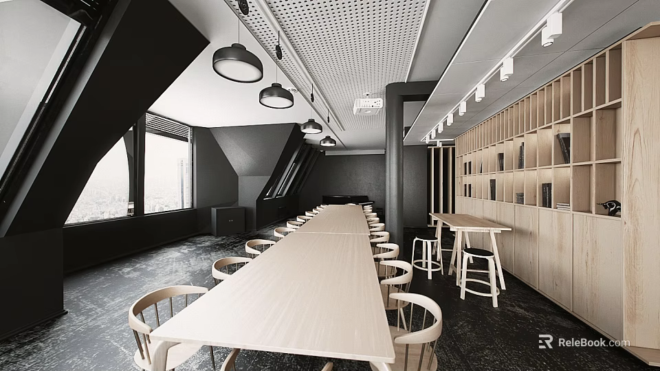 Modern Conference Room Interior With Long Wooden Table Chairs Large Windows And Bookshelves 3d model 