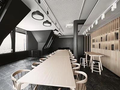 Modern Conference Room Interior With Long Wooden Table Chairs Large Windows And Bookshelves 3d model