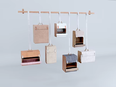 Colorful Small Boxes Hanging On Wooden Rack With Various Designs And Styles 3d model