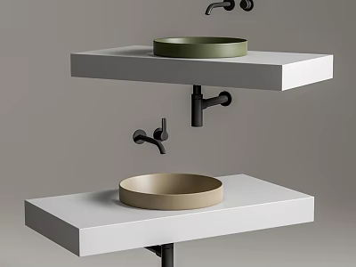 Green and Beige Washbasins on White Shelves with Black Wall Mounted Faucets 3d model